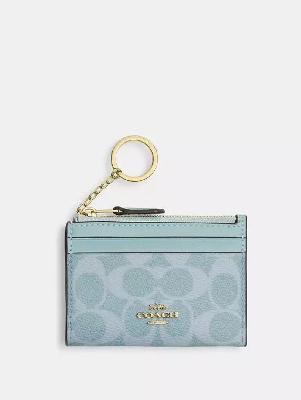 NWT! Coach Light Blue Signature Card Case with Gold Keyring